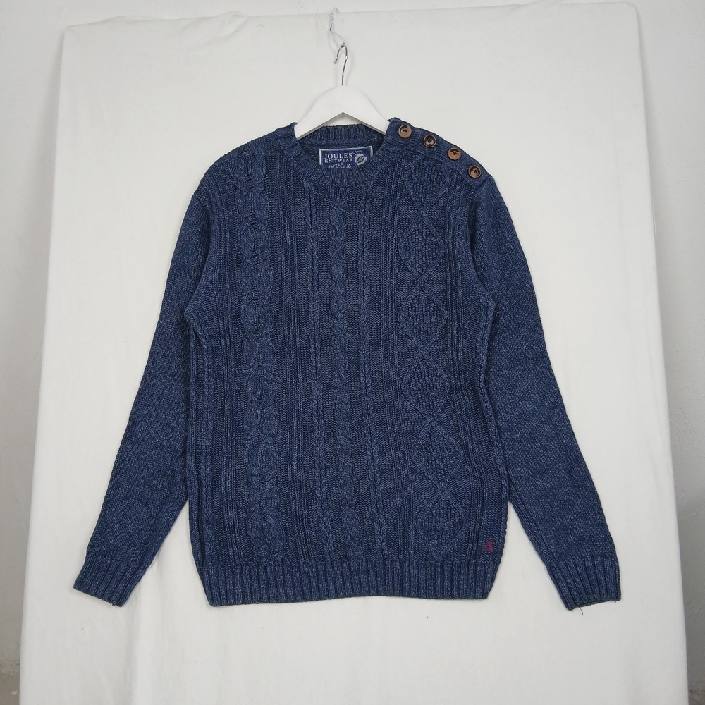 Joules Dempsey Cable Knit Sweater Mens Small Blue Cotton Button Shoulder